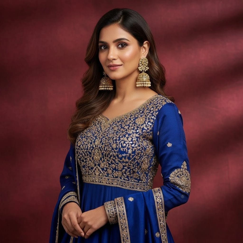 Elegant woman wearing gold-plated jhumka earrings by Shinora, styled in a royal blue embroidered ethnic outfit — perfect festive jewelry look. gold-plated jhumka, festive jewelry, ethnic earrings for women, traditional jewelry, Shinora accessories
