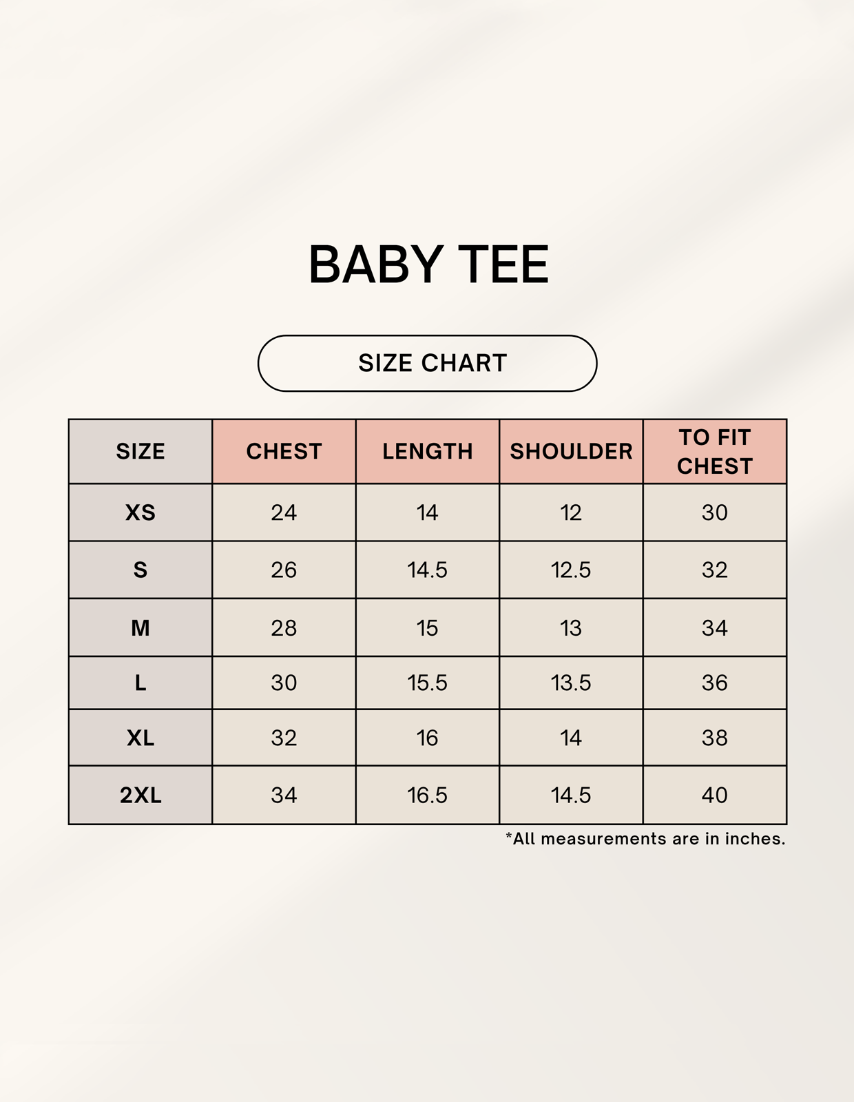FlexFit Cropped Baby Crop top Tee by Shinora size chart