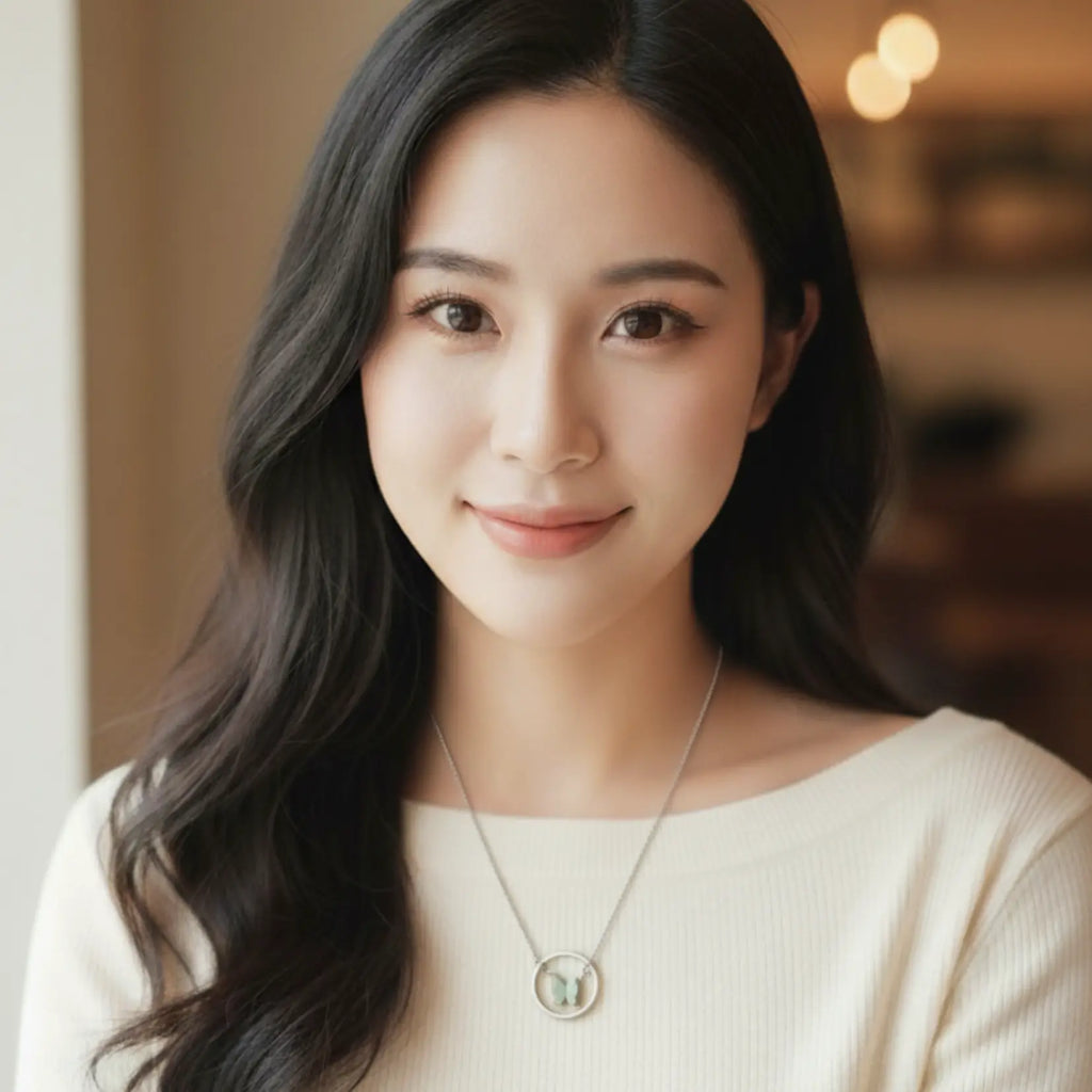 Elegant woman wearing Shinora’s Midnight Fly Pendant – a delicate butterfly necklace in a silver circle, symbolizing grace and transformation from Shinora