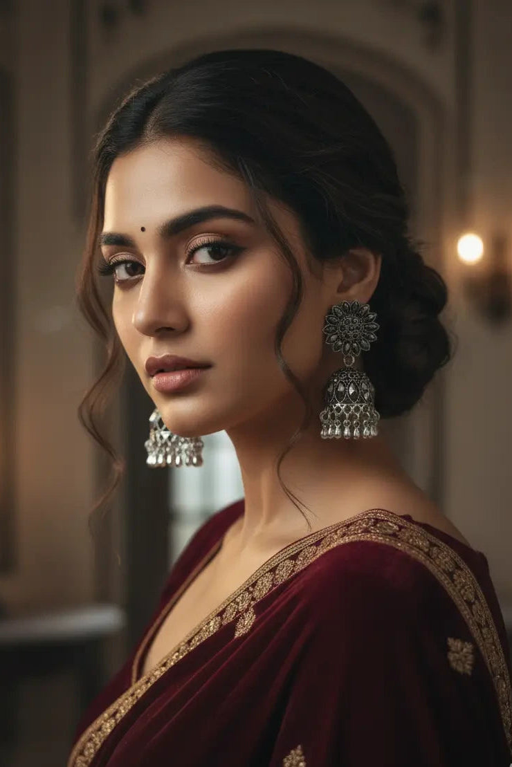 Woman wearing Shinora Aakriti Jhumka – traditional silver jhumka earrings perfect for sarees and festive occasions from Shinora