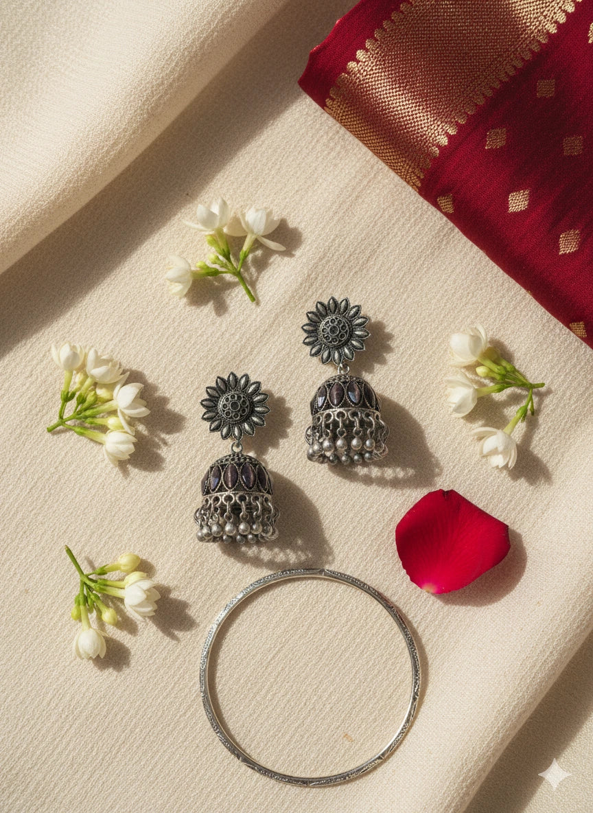 Silver earrings and bangles on a fabric background with flowers and a red petal. Aakriti Jhumka by Shinora – elegant oxidized silver jhumka earrings with intricate floral design for ethnic wear from Shinora