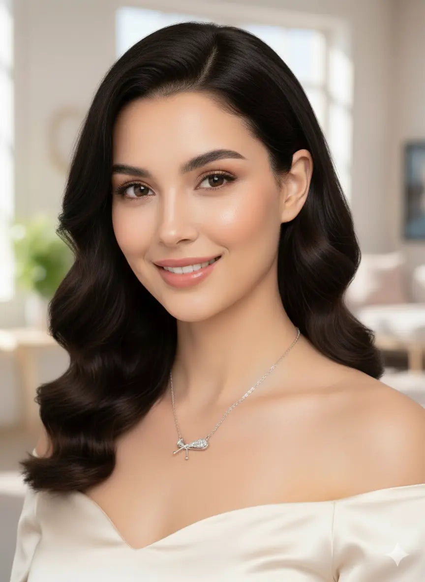 Woman wearing Shinora Lumina Bow Pendant – classy silver bow necklace for modern and elegant style from Shinora