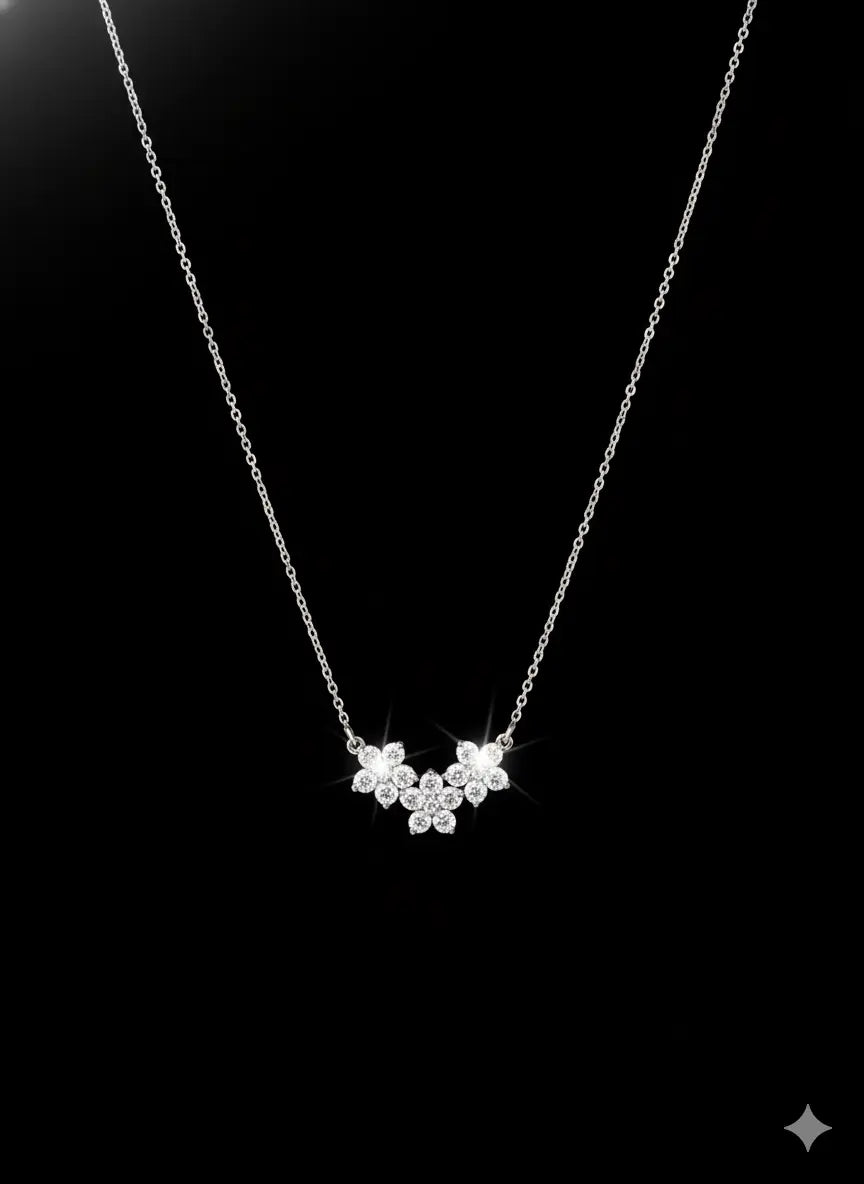 Sparkling silver floral pendant necklace with crystal stones showcased on a black background for a premium jewellery look from Shinora
