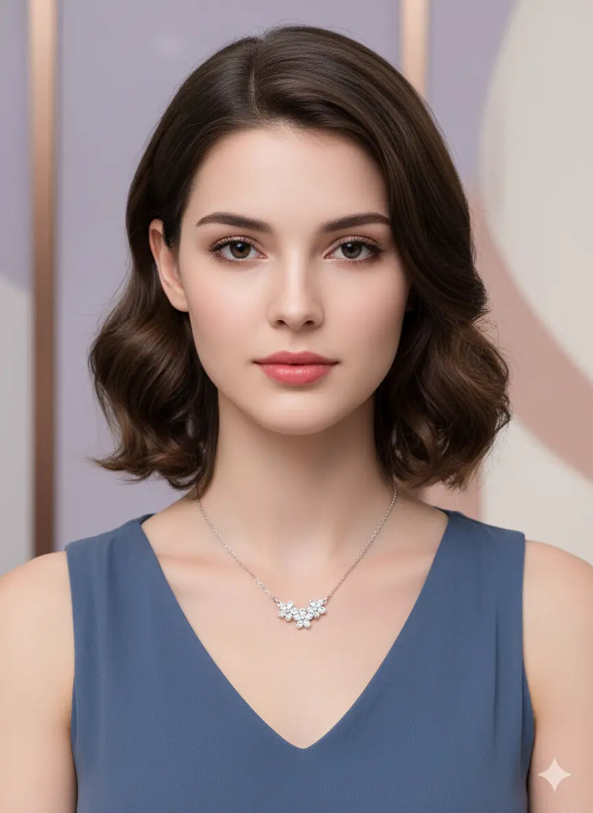 Woman wearing a silver floral crystal pendant necklace styled with a blue outfit, highlighting the necklace’s elegant and minimal design from Shinora