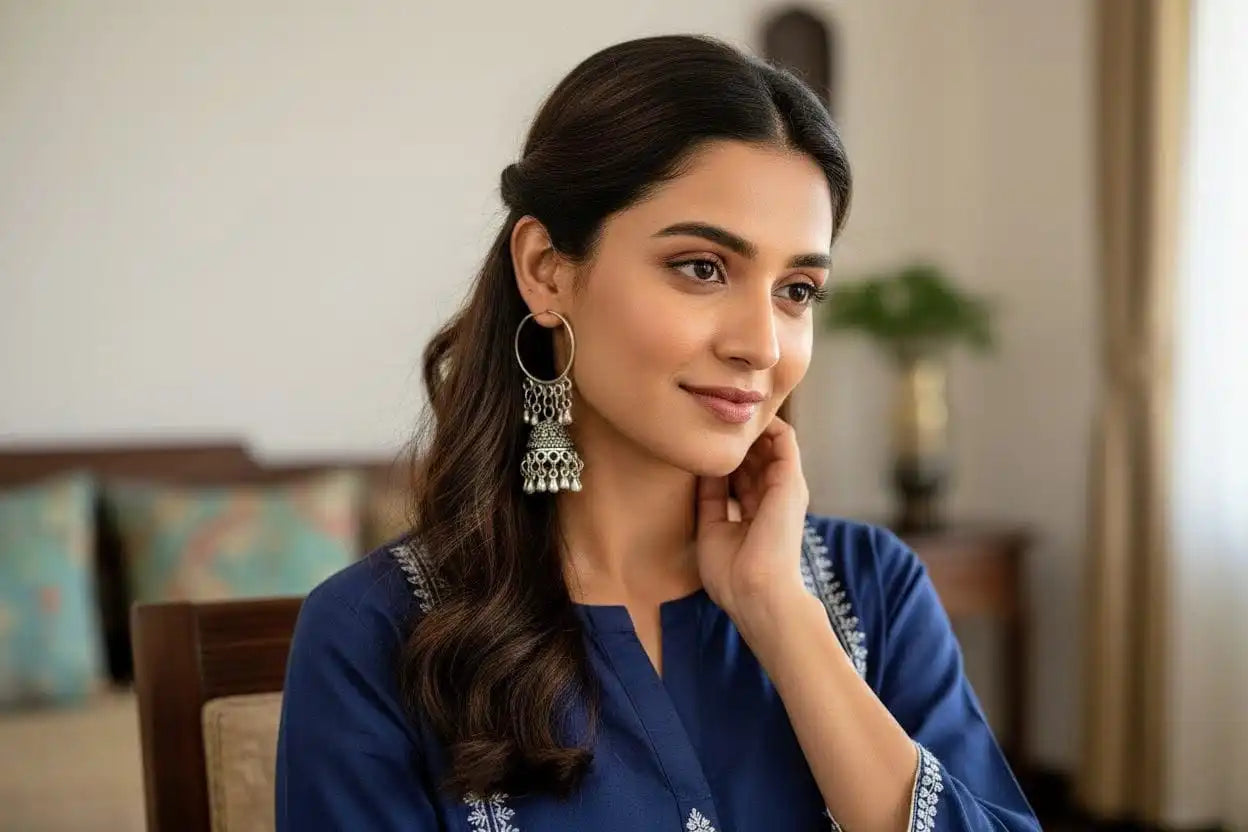 Woman wearing Mayuri Jhumka – oxidized silver hoop jhumka earrings with ghungroo drops styled with a navy blue ethnic kurta from Shinora