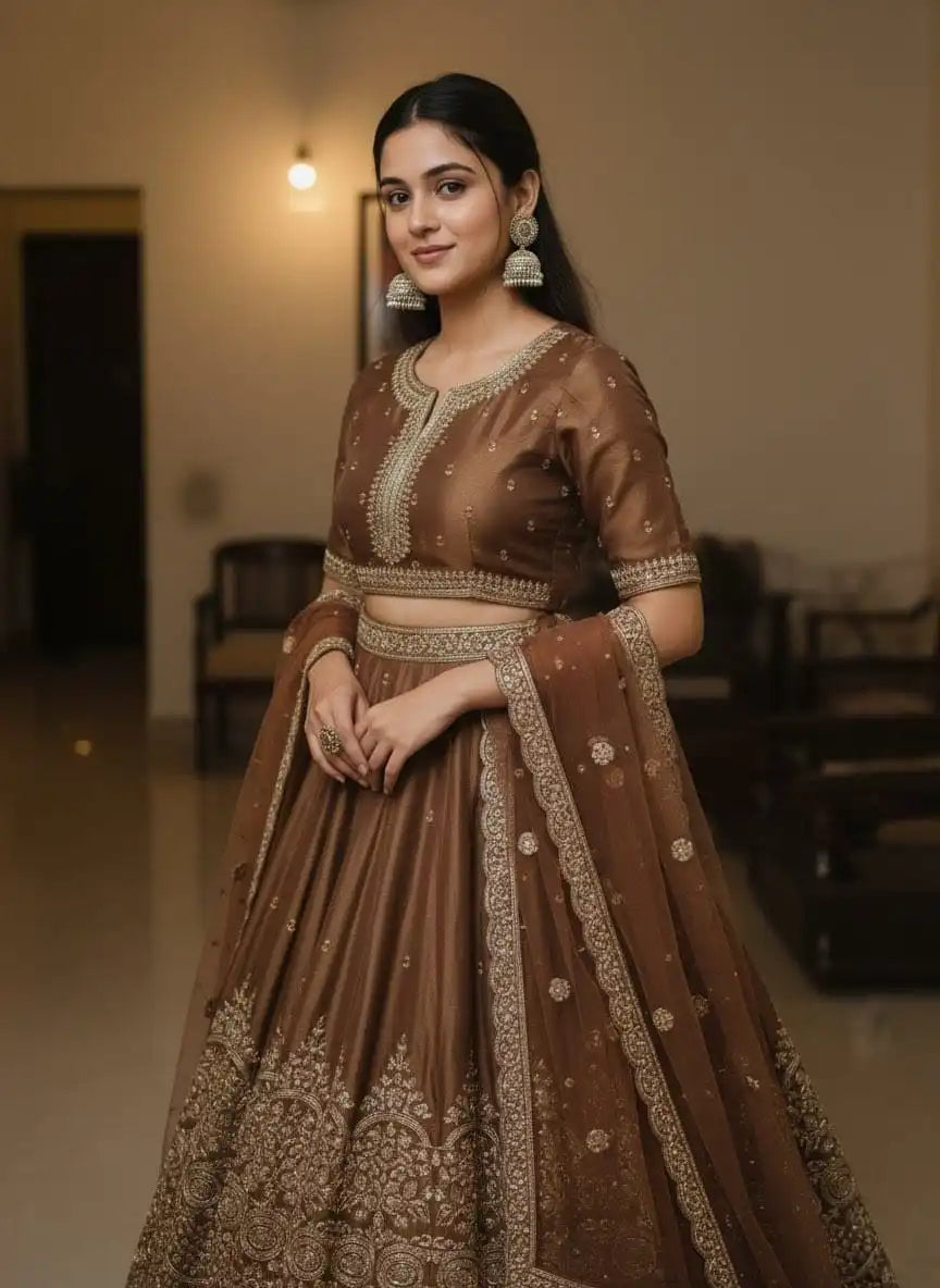 Woman wearing Dia Jhumka – gold-tone double-dome statement jhumka earrings styled with an embroidered brown lehenga, perfect for festive and wedding wear from Shinora
