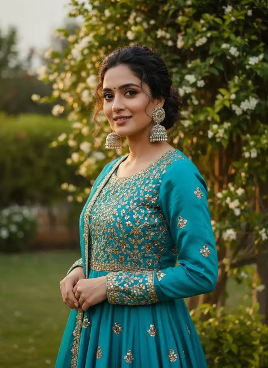 Woman wearing Dia Jhumka – gold-tone traditional jhumka earrings with brown CZ stones paired with a teal embroidered ethnic outfit in a garden setting from Shinora