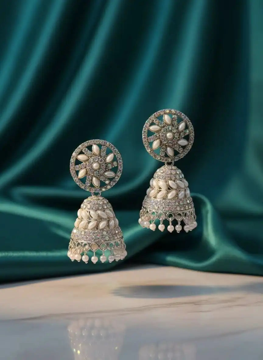 Chandani Pearl Jhumka oxidized silver pearl jhumkas with floral design, premium traditional earrings for women jewellery