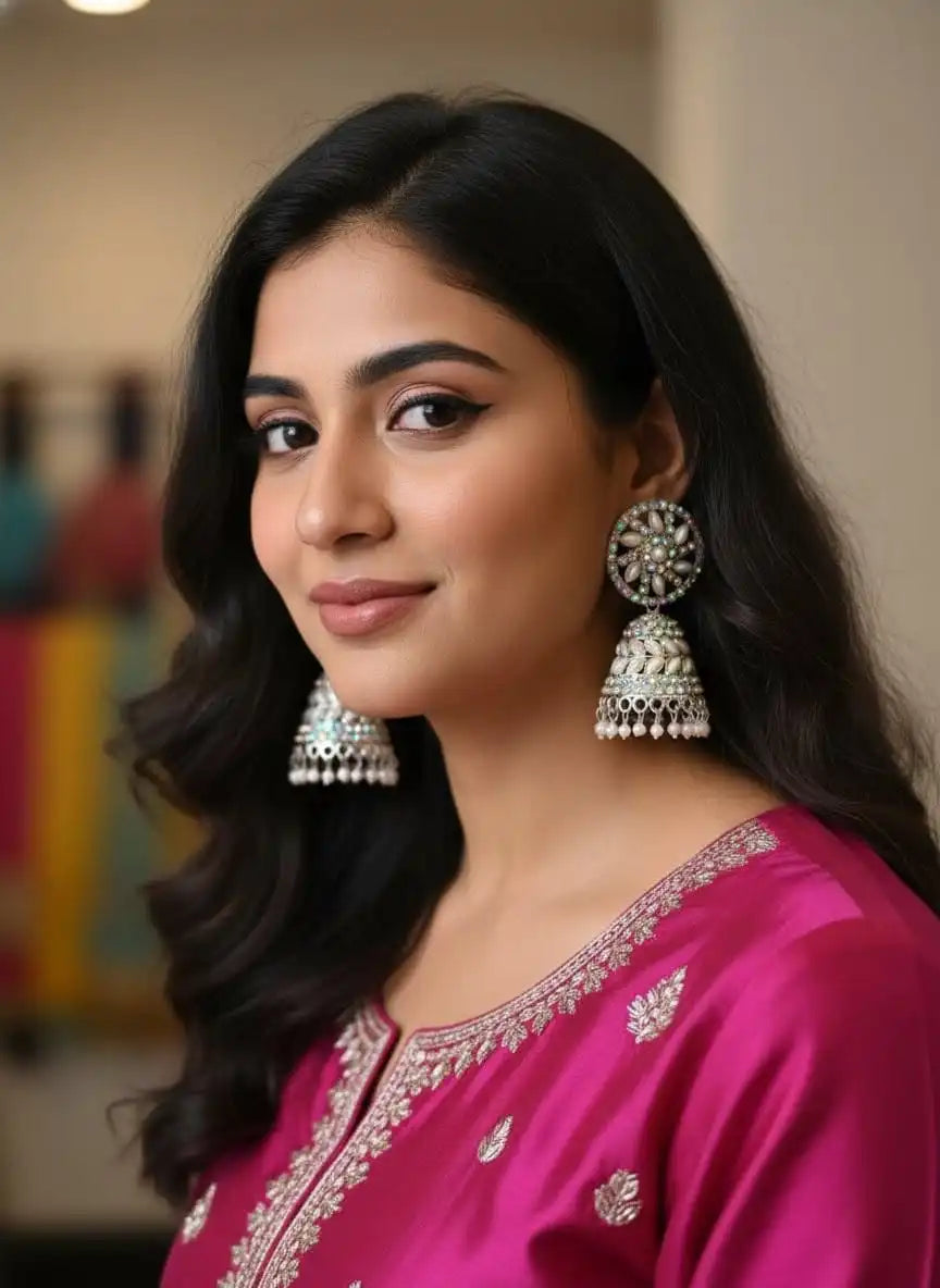 Chandani Pearl Jhumka traditional pearl jhumka earrings worn with ethnic kurta, elegant Indian jewellery for women jewellery