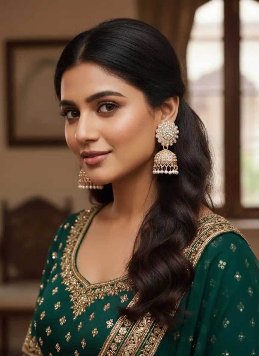 Model wearing Noor Jhumka – rose-gold diamond floral jhumka earrings with pearl danglers paired with a green embroidered ethnic outfit from Shinora