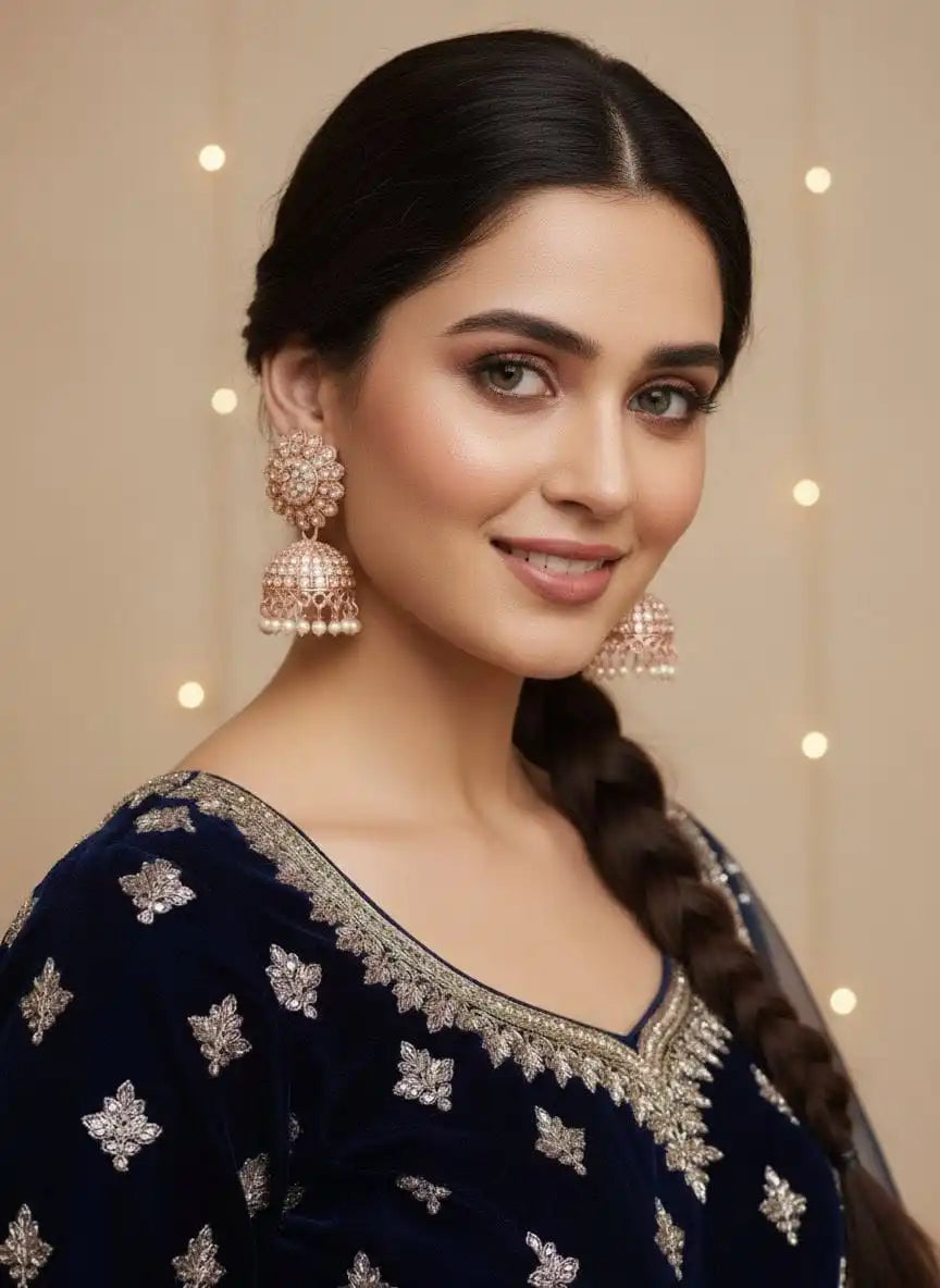 Model showcasing Noor Jhumka – statement rose-gold stone-studded jhumka earrings styled with a navy blue festive outfit from Shinora