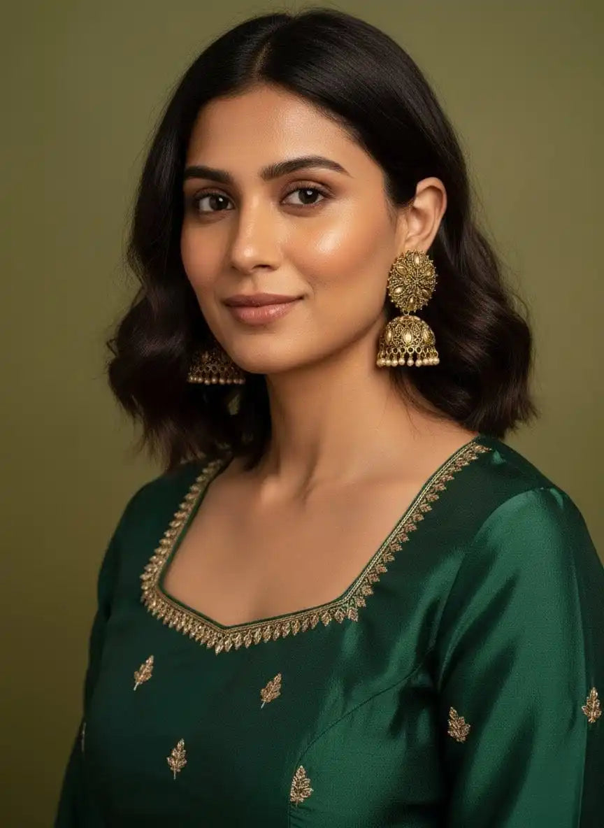 Model wearing Heer Jhumka – antique gold floral jhumka earrings styled with a green ethnic outfit, traditional festive jewelry look from Shinora