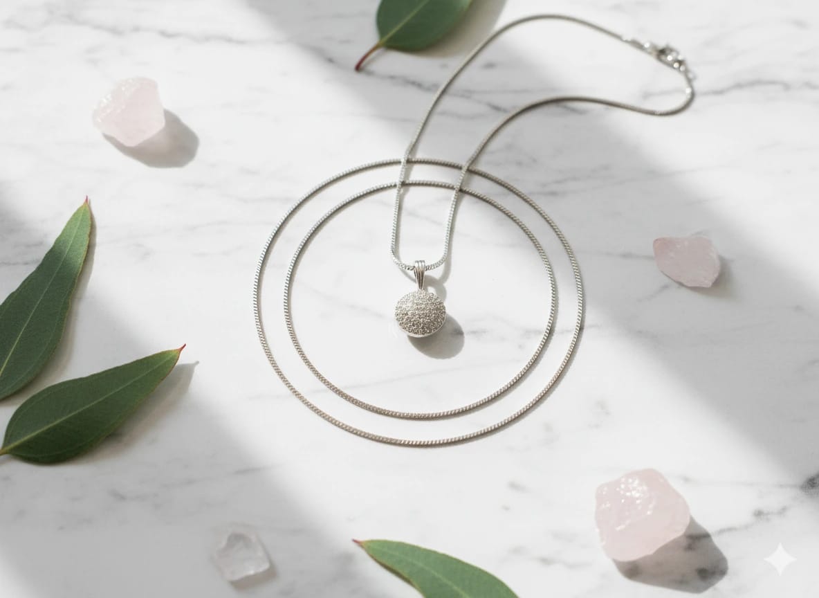 Elegant silver round pendant necklace with crystal detailing, displayed on a white marble surface with green leaves and rose quartz stones – The Celeste Necklace by The Fluttering Charm by Shnora