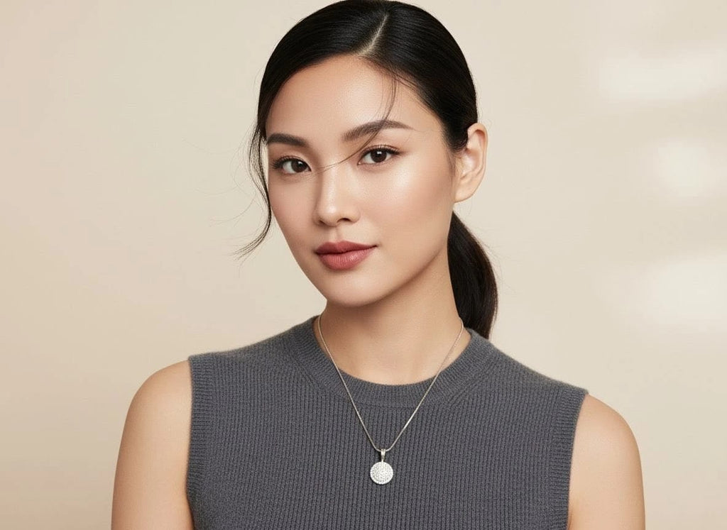 Model wearing The Celeste Necklace featuring a silver round pendant with crystals, styled with a sleeveless grey top for a minimal elegant look from shinora