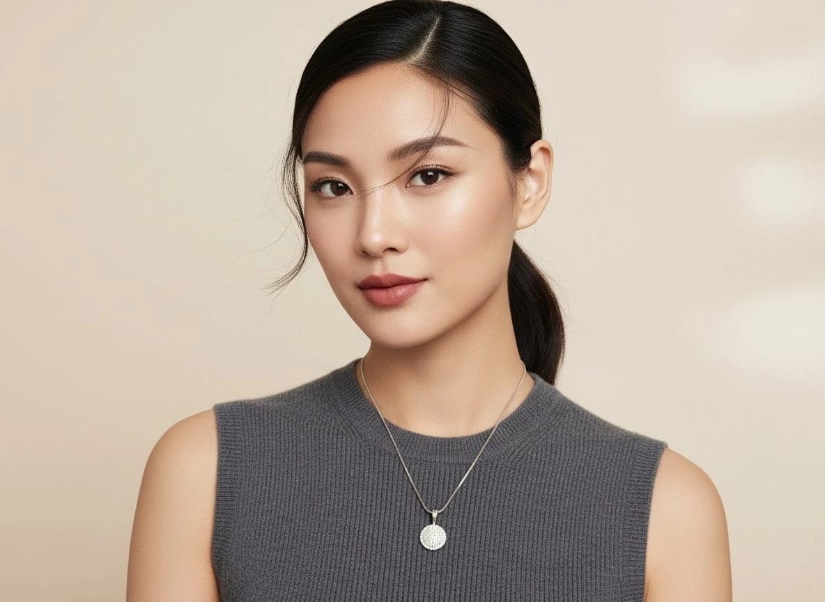 Model wearing The Celeste Necklace featuring a silver round pendant with crystals, styled with a sleeveless grey top for a minimal elegant look from shinora