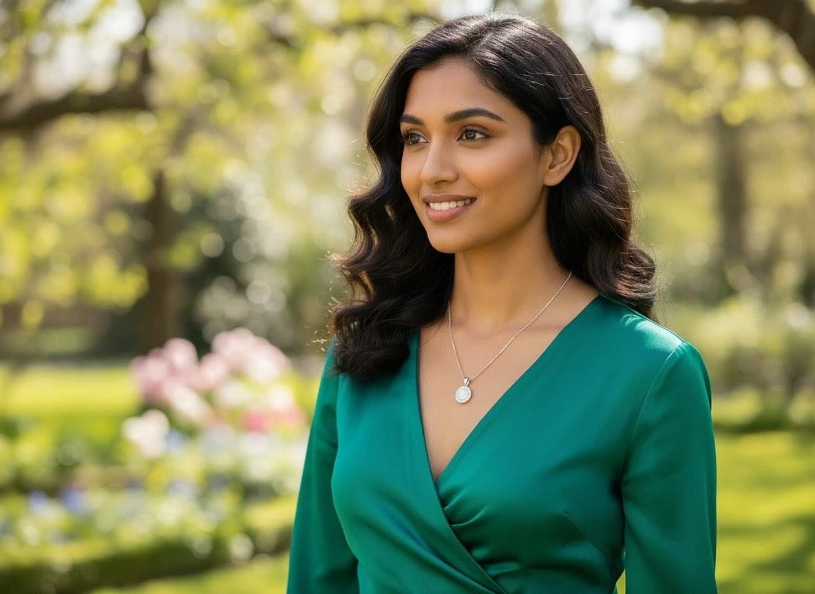 Model wearing The Celeste Necklace with a silver round pendant, styled with a deep green dress in a garden setting – perfect blend of elegance and simplicity by shinora