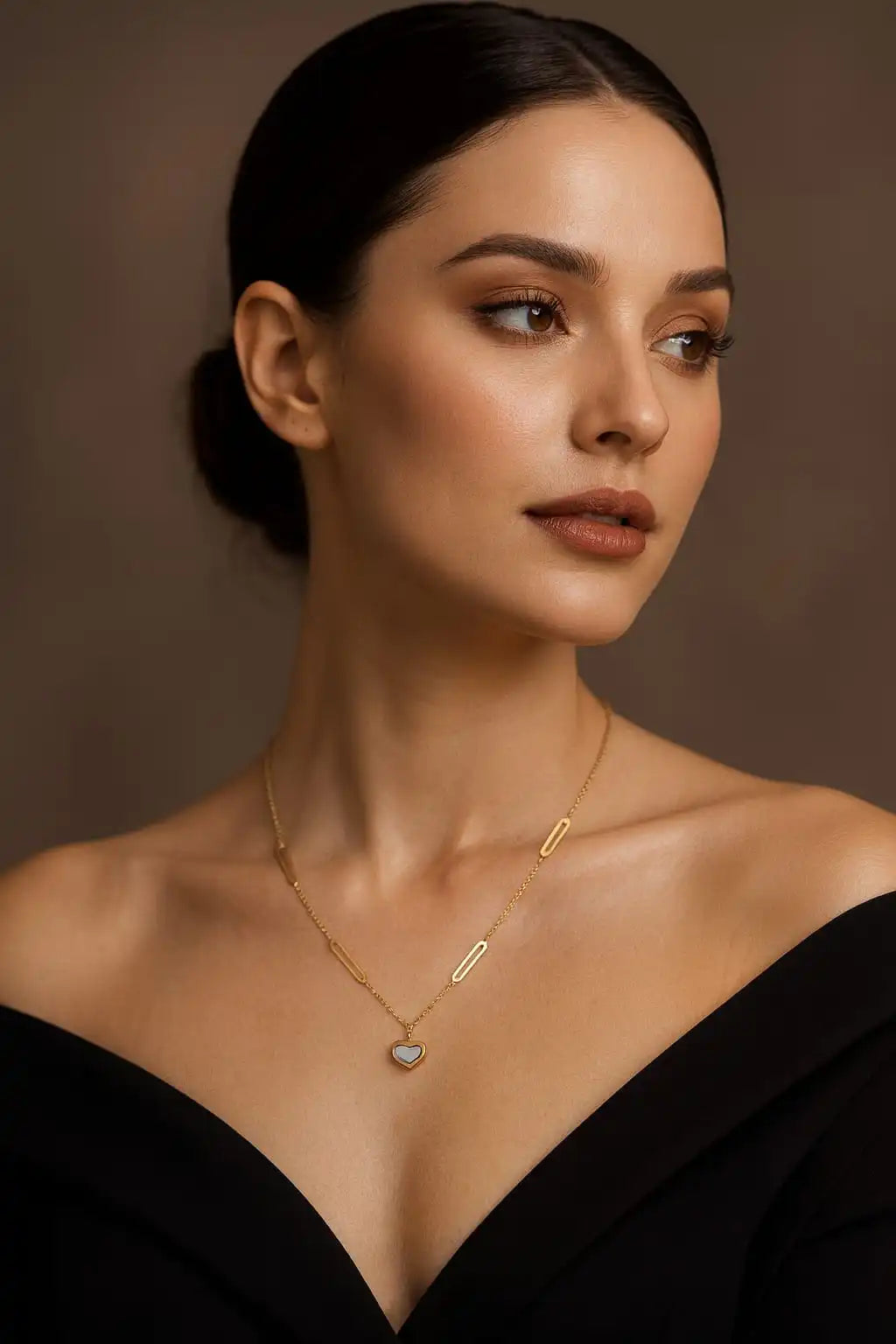 Woman wearing gold Floral Heart Necklace with a white heart pendant, elegant close-up portrait jewelry shot from shinora