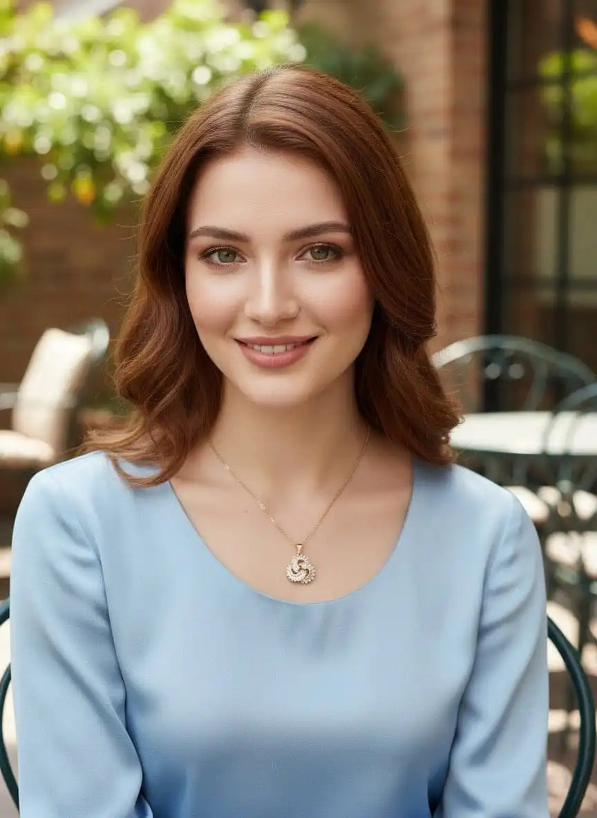 Woman wearing Shinora Momentum Pendant – sophisticated gold necklace for modern, confident women from Shinora