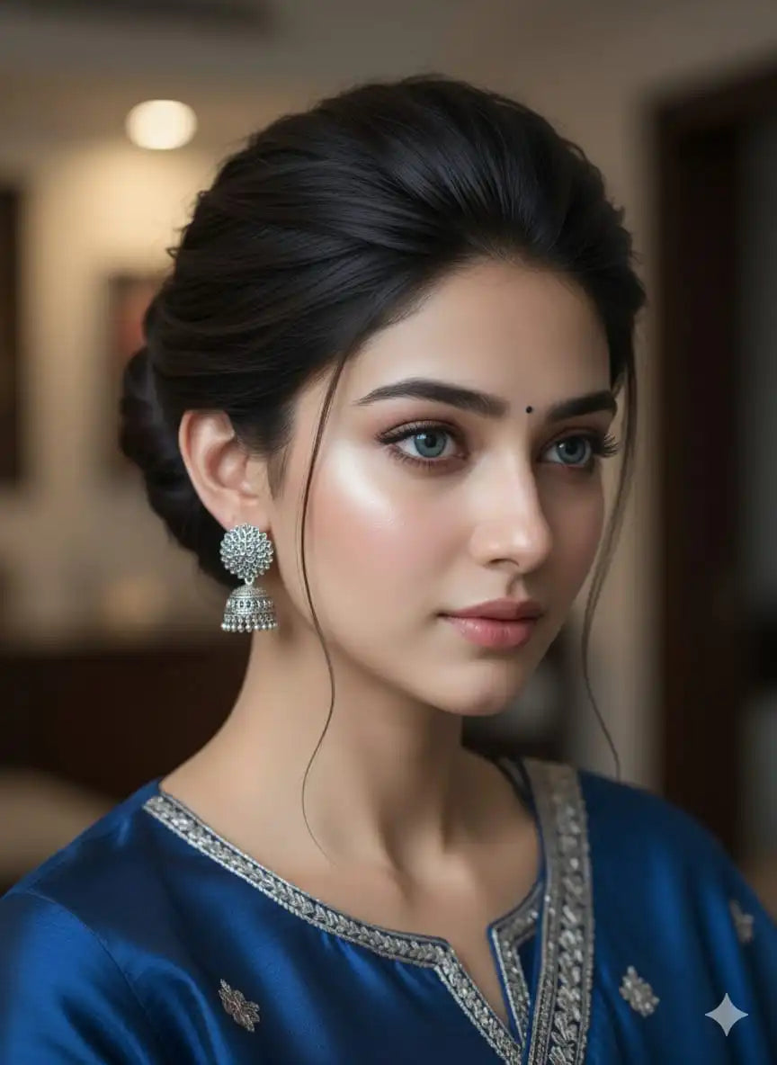 Elegant woman wearing oxidised silver jhumka earrings paired with a blue ethnic outfit, showcasing intricate detailing and traditional Indian craftsmanship from Shinora