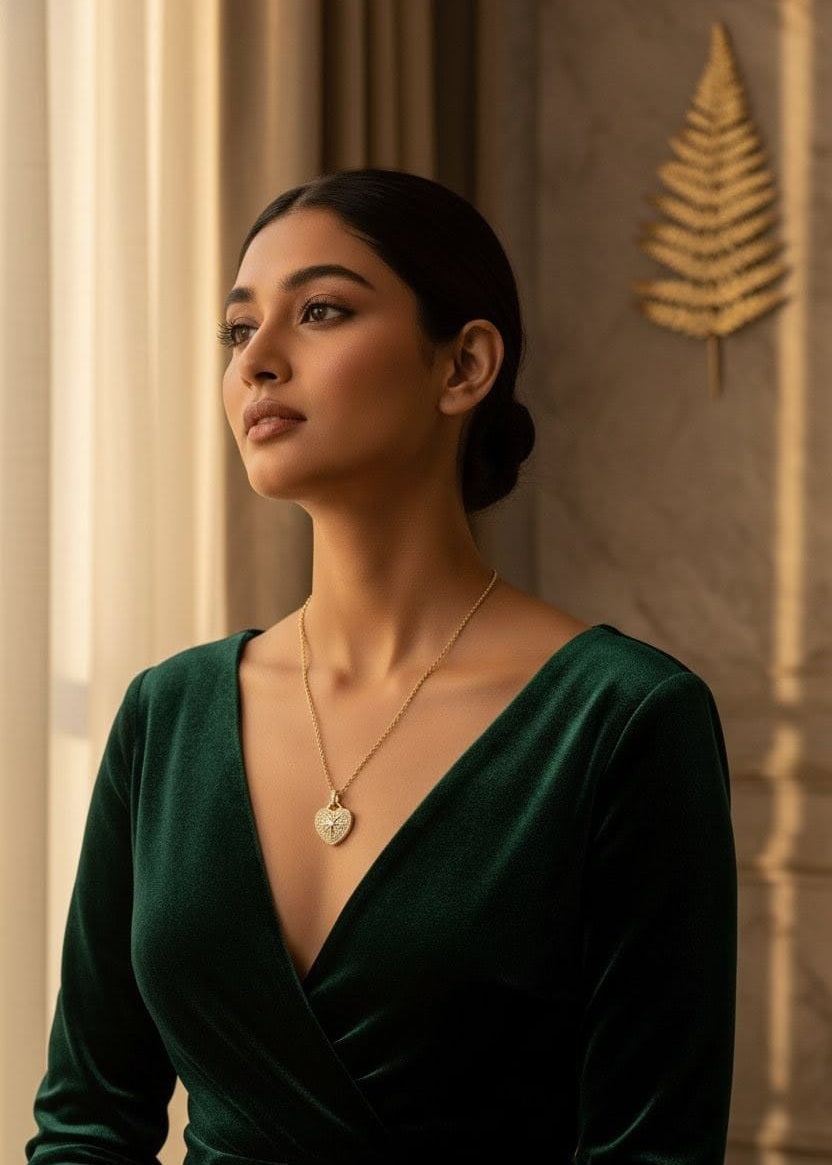 Model wearing the Aurum Heart Necklace – elegant gold heart pendant with sparkling stones, styled with a deep green dress in soft natural lighting from Shinora