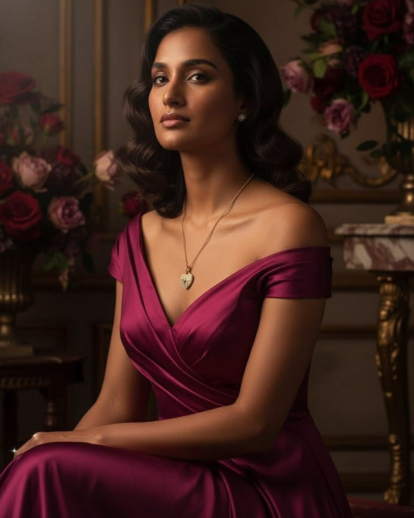 Aurum Heart Necklace worn with an off-shoulder maroon gown – gold heart pendant adding a refined, luxurious touch to the outfit from Shinora