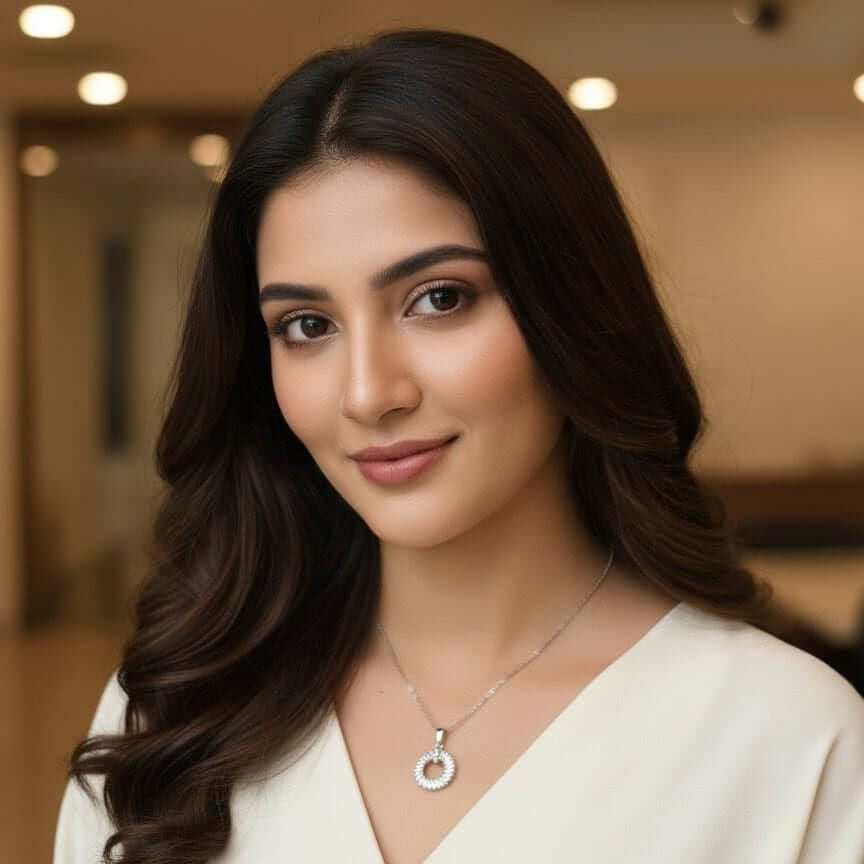 Woman wearing a necklace with a blurred indoor background from Shinora