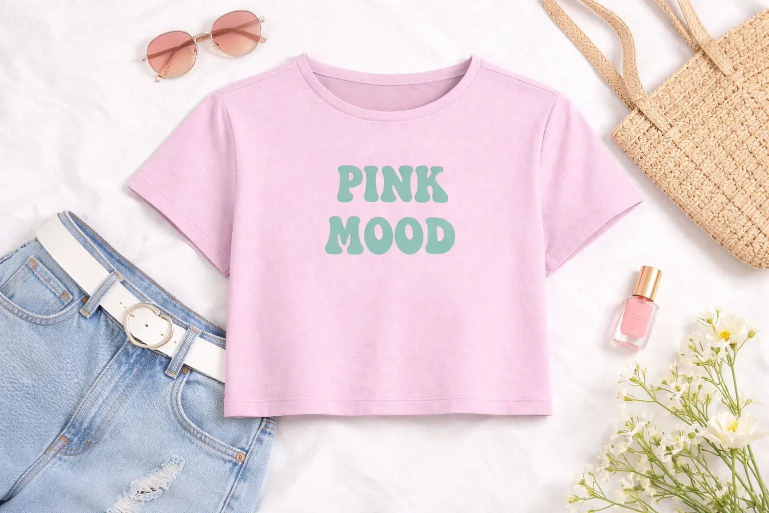 FlexFit Cropped Baby Tee crop top on table with other accessories by Shinora